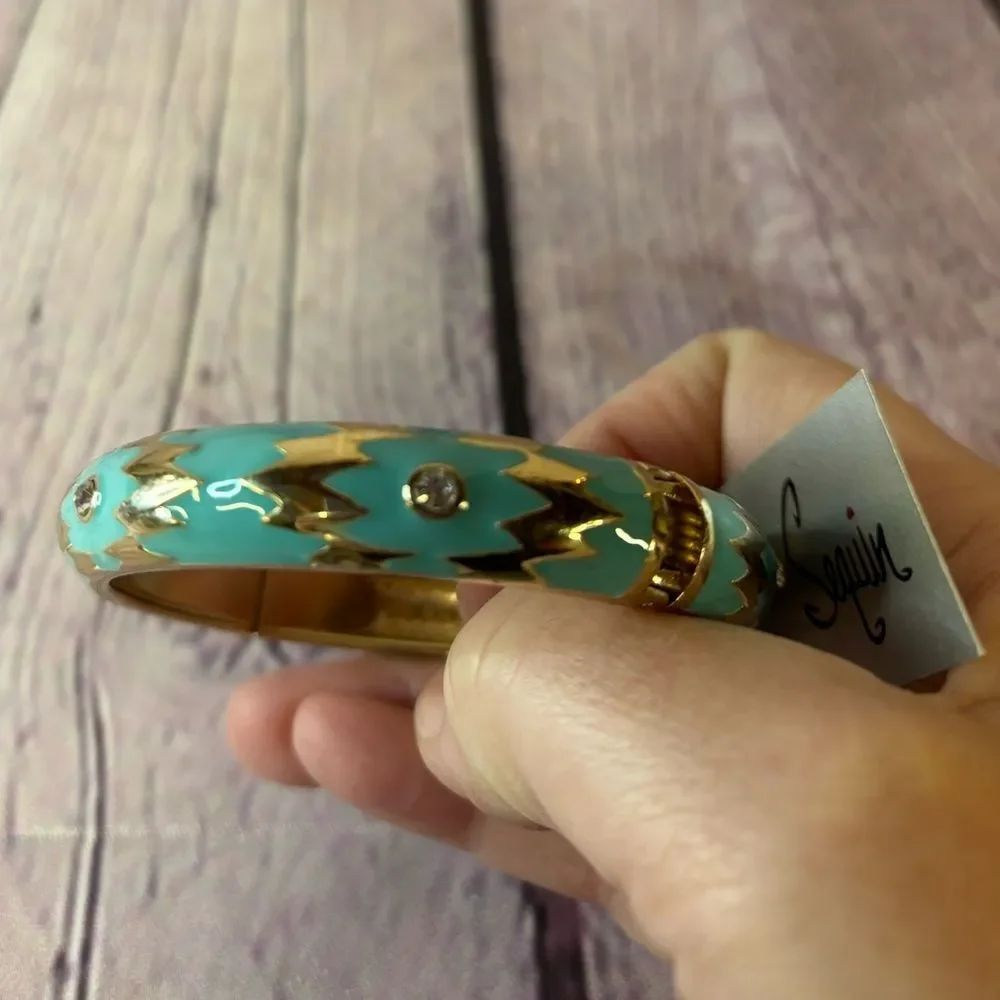 NWT Sequin for Nordstrom Turquoise Gold Color Enamel Hinged Bangle Bracelet